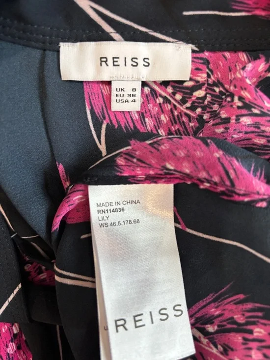 Reiss Lily Feather Print Blouse Navy Pink Tie Neck Size 4 - Picture 14 of 16